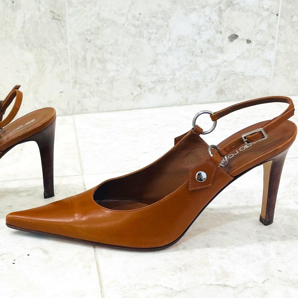 SERGIO ROSSI {39.5} Heels Slingback Leather Stiletto Tobacco Brown - Picture 2 of 12